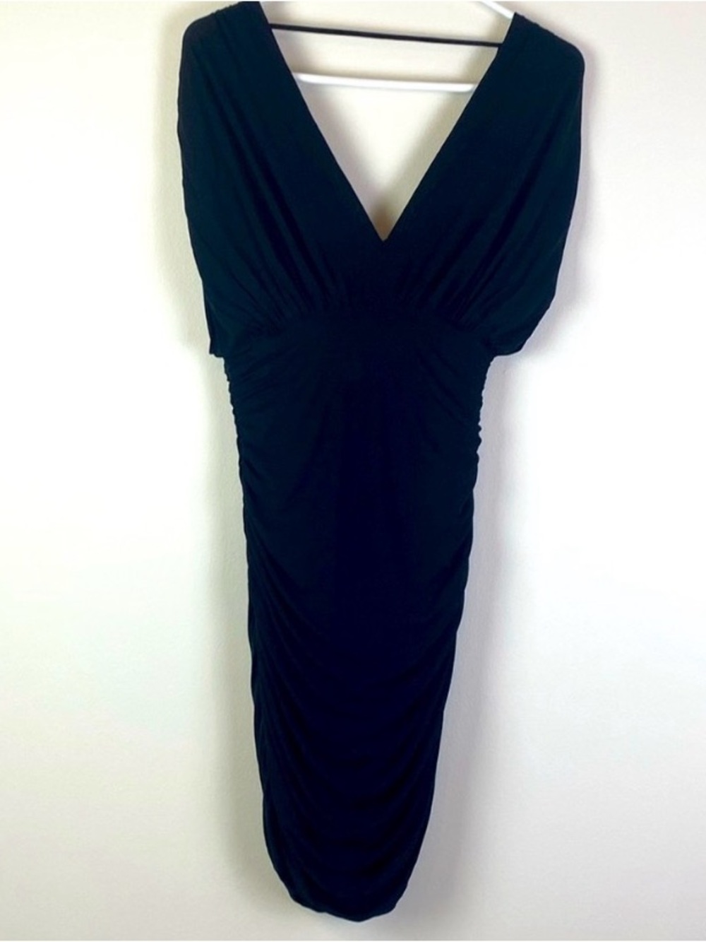 BCBGMaxAzria Black V-Neck Ruched Midi Dress